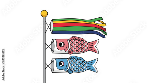 Traditional Japanese koinobori carp streamers in red, blue, and colorful patterns flying from a pole for children's day.