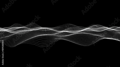 Abstract digital wave pattern of white dots flowing across a dark black background, representing data or sound visualization.