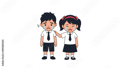 Sad schoolboy and schoolgirl in uniforms crying together while supporting each other during a difficult moment at school.