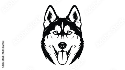 Majestic siberian husky dog face with pointed ears and focused gaze, detailed canine portrait line art illustration for pet lovers coloring.