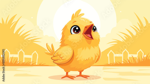 Adorable yellow chick singing with open beak in a sunny garden setting, cute farm animal character illustration for children storybook.