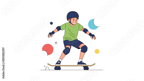 Energetic boy wearing safety gear riding a skateboard with colorful geometric shapes, playful character illustration for youth sports theme.