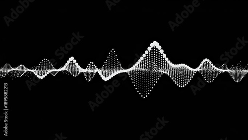 Abstract digital sound wave visualization with white dots on a black background, representing audio frequency or data.