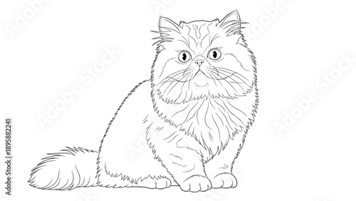 Elegant persian cat with long fur and flat face sitting gracefully, detailed feline breed line art illustration for pet lovers coloring.