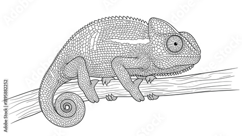 Detailed chameleon lizard with curled tail resting on a wooden branch, intricate reptile line art illustration for advanced coloring pages.