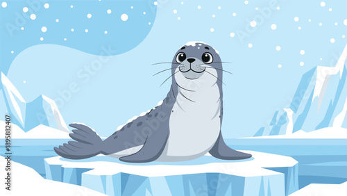 Cute grey seal resting on a floating iceberg in a snowy arctic landscape, beautiful marine mammal illustration for winter theme.