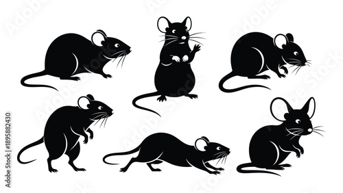 Six silhouetted rats in various poses Vector