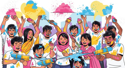 Joyful group of diverse people celebrating Holi festival with colorful powders and water guns vibrant illustration for cultural events and invitations