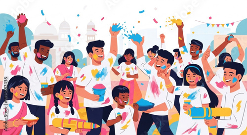 Diverse group of people celebrating Holi festival with colored powder and water guns joyful outdoor scene with confetti and flags concept for Indian culture and spring celebration