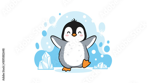 Joyful baby penguin with open arms standing in a snowy winter landscape, cute arctic bird illustration for holiday cards.