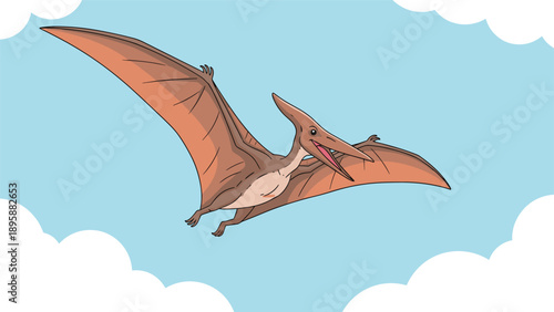 Prehistoric pteranodon dinosaur flying gracefully through a blue sky with white clouds, detailed ancient reptile illustration for kids.