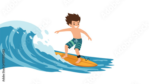 Adventurous young boy riding a surfboard on a large blue ocean wave, energetic summer sports illustration for youth.