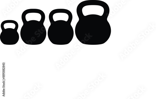A row of black kettlebells in various sizes for fitness and strength training