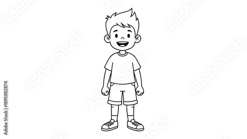 Smiling young boy standing happily wearing a t-shirt and shorts in this simple character line art drawing for kids to color.