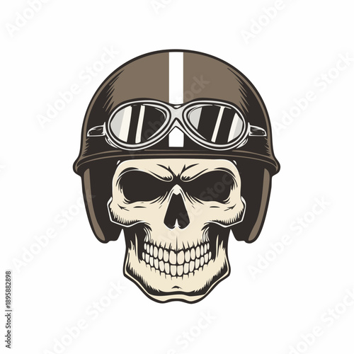 A skull wearing a brown helmet with goggles, illustration of a human skull, biker culture, adventure symbol, danger sign