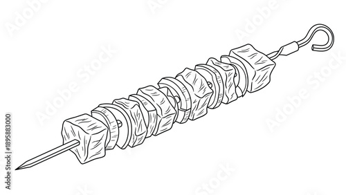 Grilled meat and vegetable kebab skewer illustration in a detailed line art style ideal for a barbecue themed coloring book.