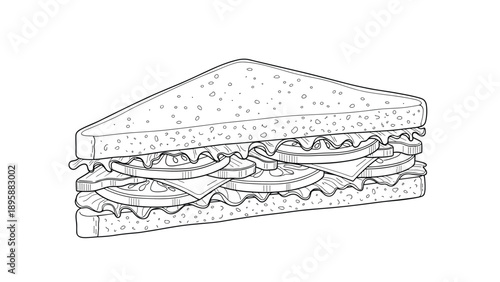 Delicious multilayered club sandwich with lettuce tomato and cheese in a detailed line art illustration for food coloring pages.