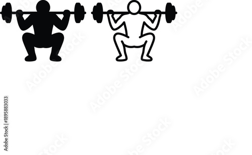 A black and white stick figure illustration depicting individuals performing barbell squats for fitness