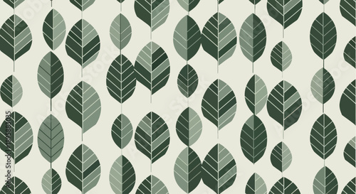 Repetitive pattern of stylized green leaves on a light beige background, flat design