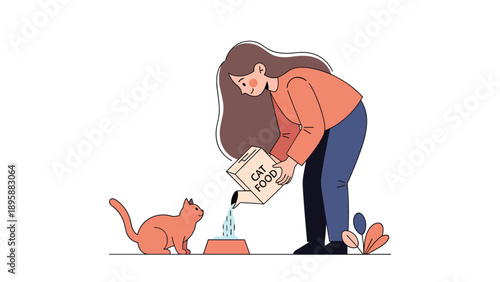 Flat style illustration of a young woman pouring food into a bowl for her hungry ginger cat in a clean indoor setting.