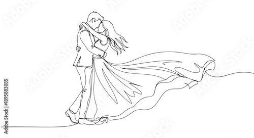Continuous line art illustration depicting a romantic couple passionately embracing and dancing together with elegant simplicity and timeless grace