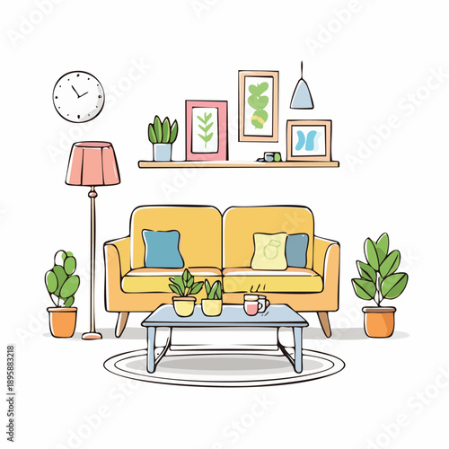 Cozy living room scene with yellow sofa, plants, and decorative elements from a front viewpoint