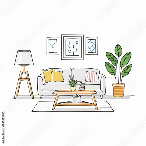 A modern living room scene featuring a sofa, lamp, coffee table, and plant in a minimalist interior design setting from a frontal viewpoint.