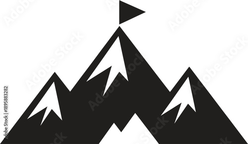 Mountain peak with flag, adventure, success, goal achievement. Vector illustration