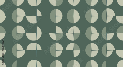 Geometric abstract pattern of circular segments in muted green and beige tones, flat design.