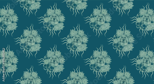 Teal floral pattern with abstract geometric elements and organic tendrils