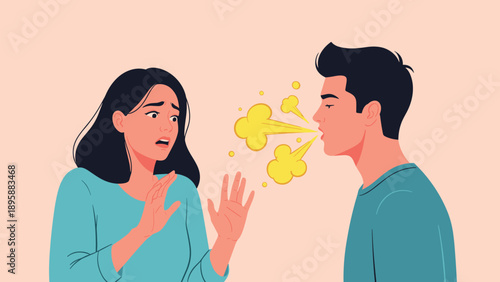 Man with bad breath exhaling towards a woman who reacts with visible disgust and holds up her hands in a protective gesture.