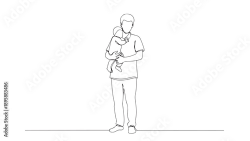 Minimalist line art illustration of a man holding a baby