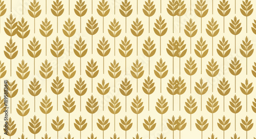 Golden wheat ears arranged in a repeating pattern on a light yellow background, flat design vector.