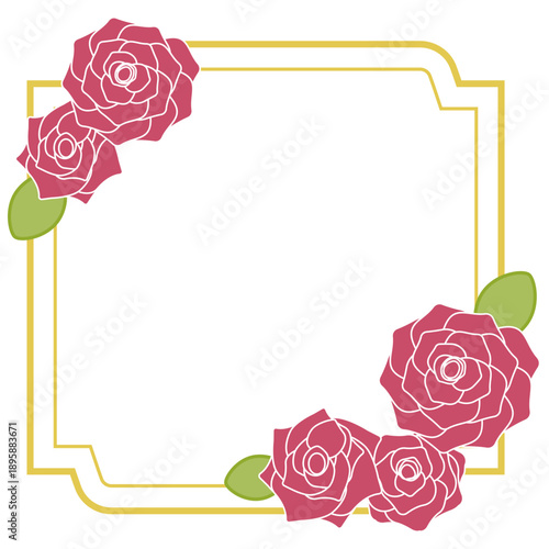 クラシックな金色ラインと薔薇の花のフレームイラスト 二重線の装飾枠 レトロで上品なスクエアデザイン