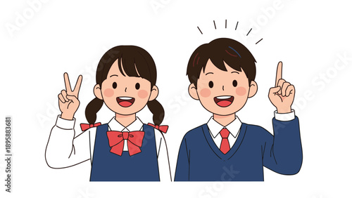 Cheerful school boy and school girl in uniforms making expressive gestures to show their positive attitude and knowledge.