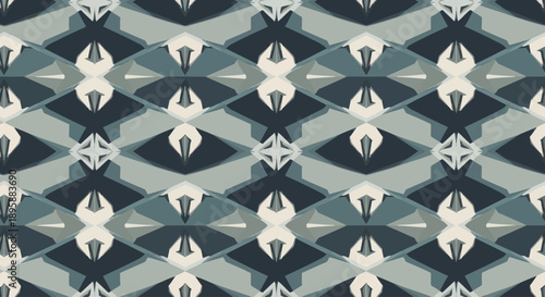 Abstract geometric pattern with diamond shapes in shades of blue, grey, and beige, vector art.