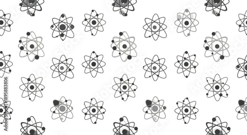 Atomic structure icons scattered on a white background, rendered in a simple flat design style.