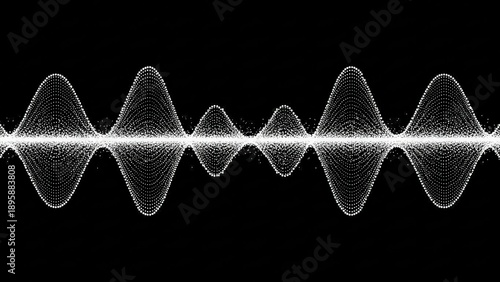 A complex white waveform displaying amplitude and frequency variations against a stark black background, representing sound or signal modulation.
