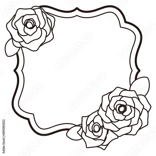 波打つ曲線が特徴の装飾フレームイラスト　バラの飾り 二重線構造のクラシックラベル風デザイン ウェディングなどにも使える枠素材