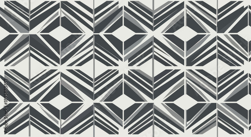 Geometric pattern with repeating diamond shapes and diagonal stripes in grey and white tones.