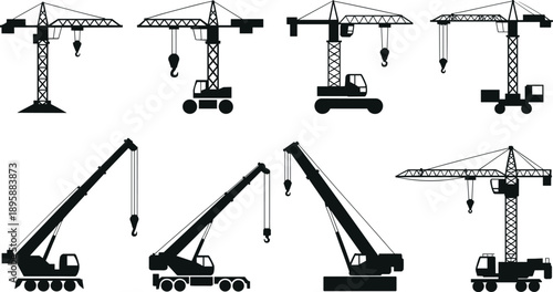 Black silhouette vector set of heavy industrial construction cranes and mobile lifting machinery for building projects engineering architecture and urban development branding design