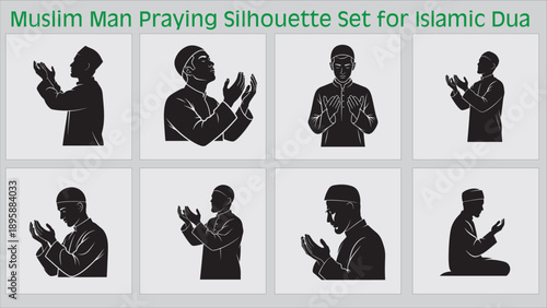 Muslim Man Praying Silhouette Set for Islamic Dua Supplication, Ramadan Kareem, Eid Mubarak, Religious Worship and Spiritual Devotion Illustrations.