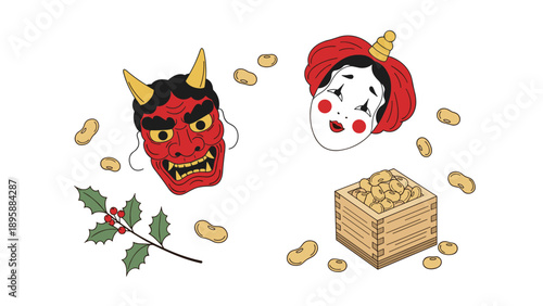 Decorative items for the Japanese Setsubun festival featuring oni demon masks roasted soybeans and a holly branch.