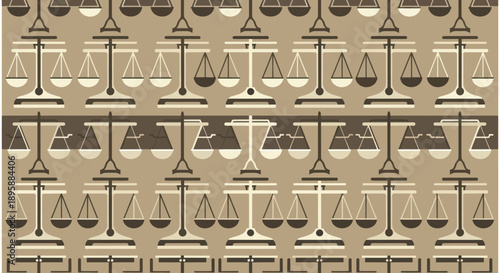 Vintage scales of justice pattern, balanced and unbalanced, in brown and beige tones, flat design.