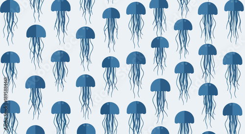 Repeating pattern of stylized blue jellyfish on a light background, flat design vector illustration.