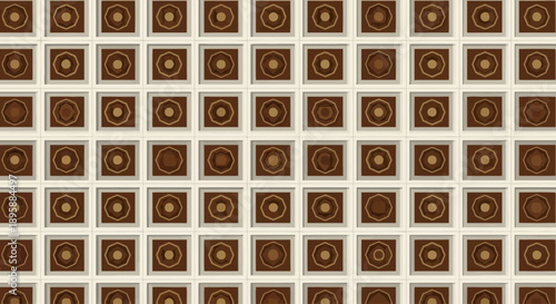 Geometric medallion pattern with floral elements in brown and beige squares, repeating grid