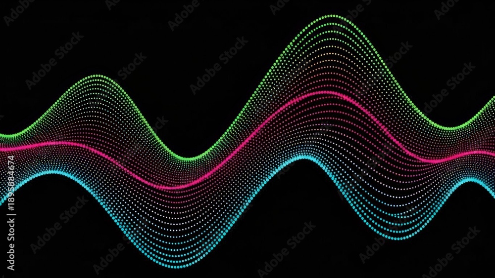 Fototapeta premium Abstract neon wavy lines glowing in vibrant colors against a dark background, resembling sound waves or digital data visualization.