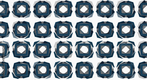 Geometric abstract pattern with repeating square motifs in shades of blue and grey on white background.