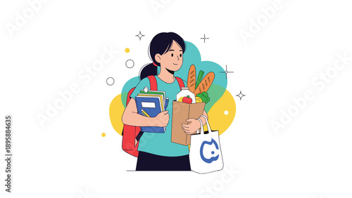 Young woman balancing her busy life by carrying school books and a bag full of healthy groceries simultaneously.