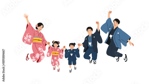 Happy family of five wearing traditional Japanese kimonos and yukatas while jumping together in a joyful celebration.